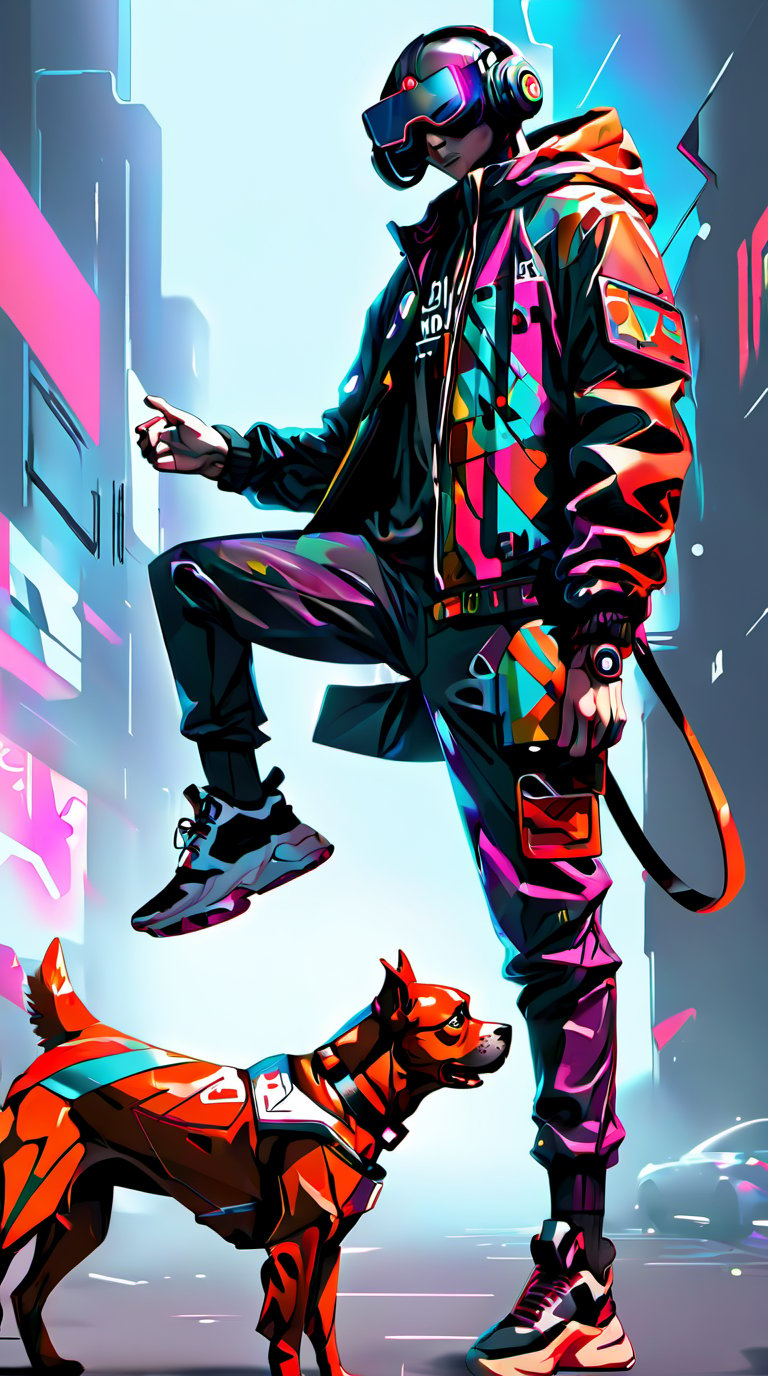 Colorful, cyberpunk, 1man , techwear suite, googles, dynamic pose, grafiti:1.5, sci-fi, futurism, vivid, with dog, high_res