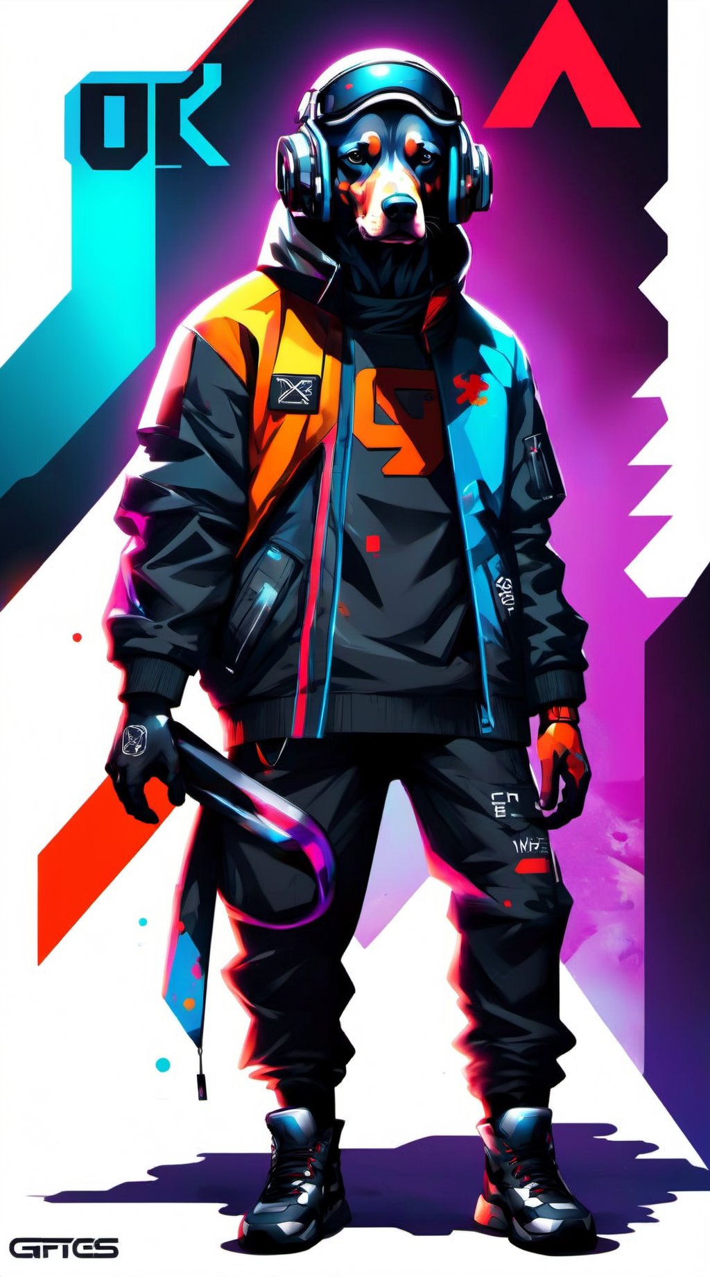 Colorful, cyberpunk, 1man , techwear suite, googles, dynamic pose, grafiti:1.5, sci-fi, futurism, vivid, with dog, high_res