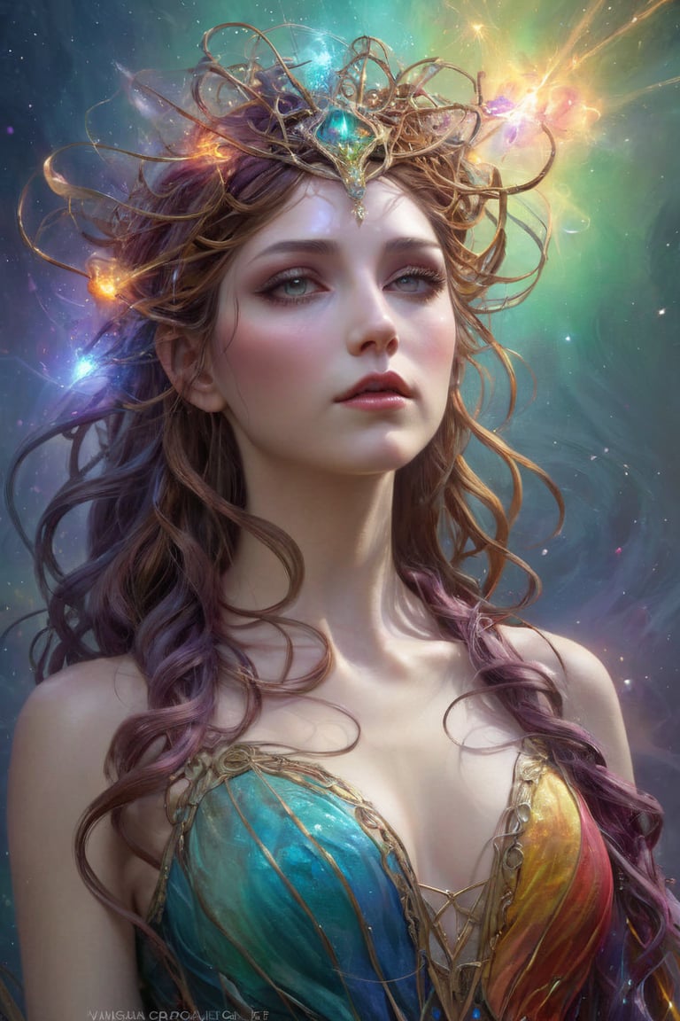 beautiiful Female colorful complex elemental entangled ethereal expansive fantastical fantasy fantasycore oil on canvas, 45 angle view Hyperrealisti style of Jay Anacleto style of Tom Bagshaw sharp focus 8K resolution bokeh dynamic lighting DSLR retouched hyperrealism colourful beautiful photorealistic, head and shoulders portrait