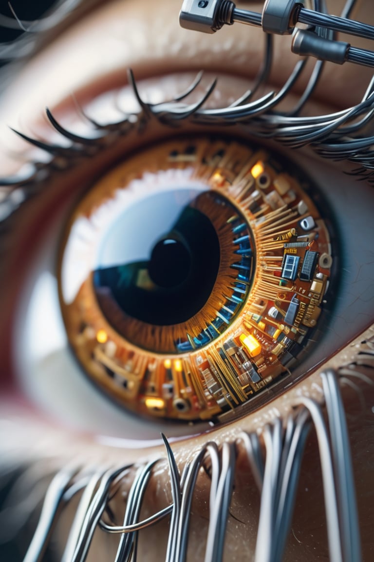 Macro photography of an eye, in which the Irish is made of a thin arrangement of strands of metal, nanotechnology, which forms a high-tech electronic circuit, and the pupil of an eye is made of a robotic sensor, miki asai photo, high_res, cyborg style