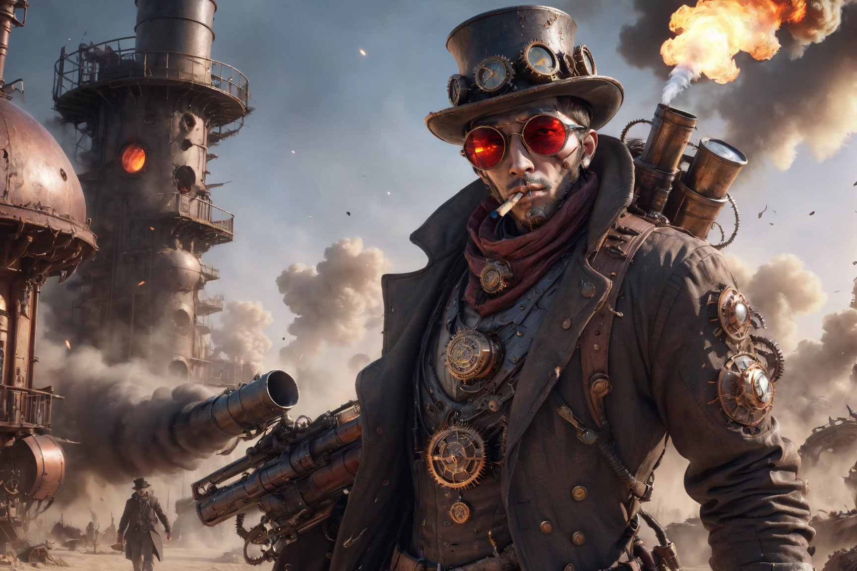 Surviving steampunk guy with torn clothing, hat, sunglasses, cigarette in mouth, use rifle, alien structure, realistic, stylish, rutkowski, hdr, intricate details, hyperdetailed, cinematic, rim light, danger atmosphere, night, red light, destroyed street, 4k, fire, nuclear bomb, apocalyptic powder, Dune,steampunk style