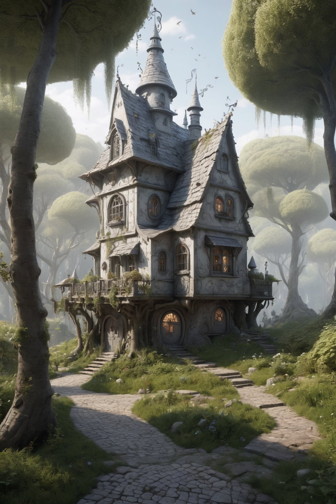 hyper-realistic illustration, in style of alexander jansson and gediminas pranckevicius,  the home of a white wizard in a silver forest in in style of alexander jansson and gediminas pranckevicius, the mystical, magical, hyperdetailed, intricate details, unreal engine, octane render, volumetric lighting, photorealistic  :D