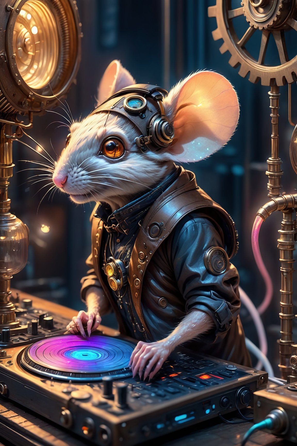 Best quality, hyperdetailed realistic illustration, in the style of "jean-baptise mongue" , a steampunk style "mice" DJ in the night club,  high-detailed, plays DJ instrument so passionly, steampunk style, cyberpunk style, DJ instrument, gears panels,  DJ headphone , steampunk neons in background, colorful, sparks, sparkling, joyfull, high_res, hyperdetailed,cyberpunk style