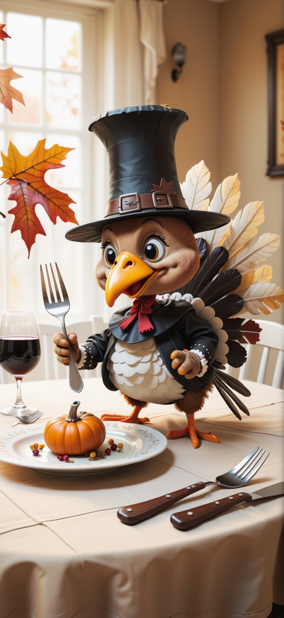 2D, cute silly turkey, wearing a pilgrim outfit, standing on the dinner table, holding a fork and knife, autumn, (style of Skottie Young:1.3), (masterpiece, best quality:1.5)