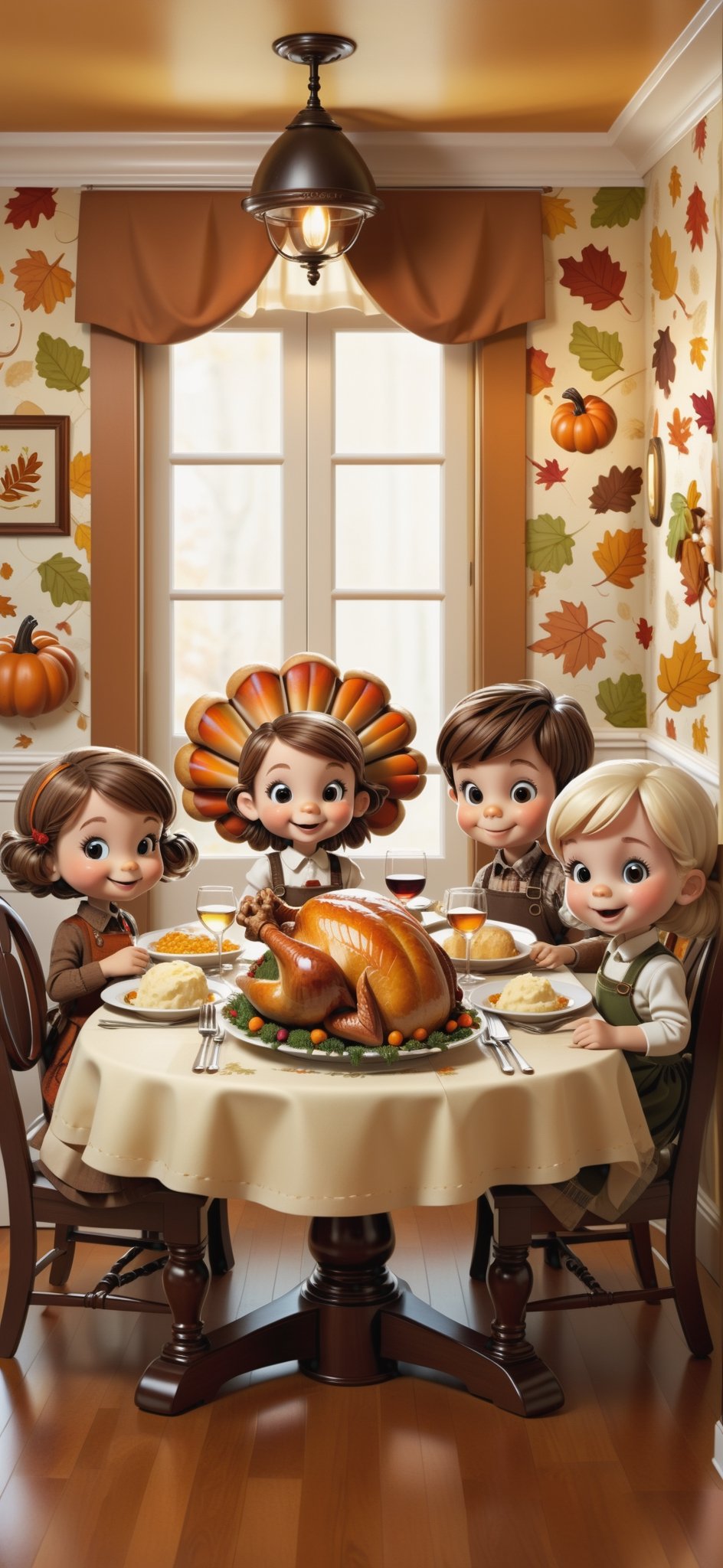 2D, ((4 cute kids)), ((two boys, two girls)), having Thanksgiving Dinner, in a dining room, ((turkey, mashed potato, vegetables, bread rolls)), decorative wallpaper, autumn outside, (style of Skottie Young:1.3) 
(masterpiece, best quality:1.5)