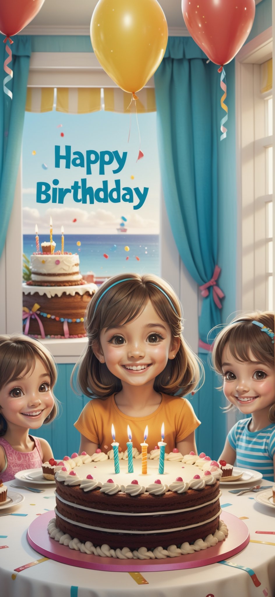 2D, cute young girl, smiling, at a Birthday party, in a dining room of a seaside house, (((a sign that reads "Happy Birthday Shanda"))), tiered birthday cake, presents, surrounded by kids, girls, and boys, (style of Skottie Young:1.3) 
(masterpiece, best quality:1.5), text as ""