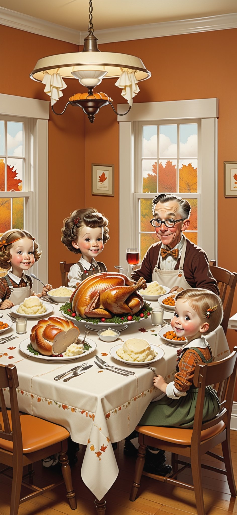 2D, ((cute family)), having Thanksgiving Dinner, in a dining room, ((turkey, mashed potato, vegetables, bread rolls)), decorative wallpaper, autumn outside, (style of Skottie Young:1.3), (Norman Rockwell 1.3), (masterpiece, best quality:1.5)