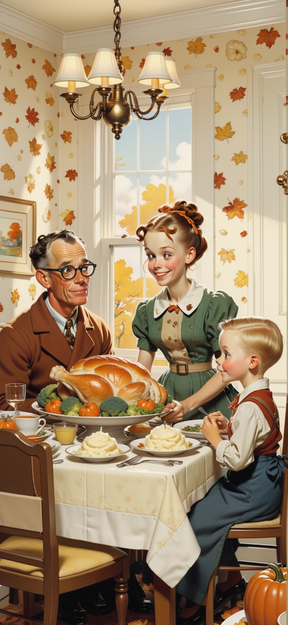 2D, ((cute family)), having Thanksgiving Dinner, in a dining room, ((cooked turkey, mashed potato, vegetables, bread rolls)), decorative wallpaper, autumn outside, (style of Skottie Young:1.3), (Norman Rockwell:1.3), (masterpiece, best quality:1.5)