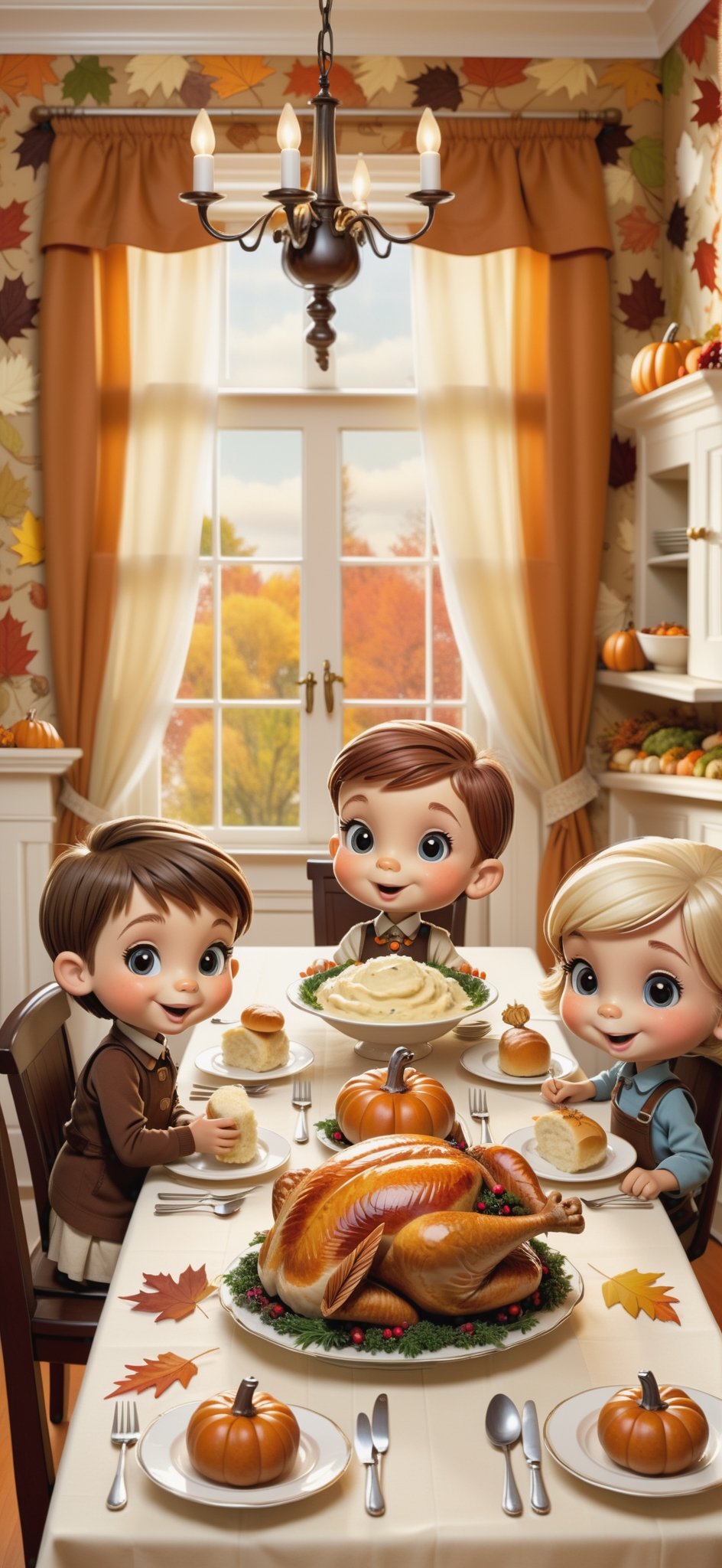 2D, ((4 cute kids)), ((two boys, two girls)), having Thanksgiving Dinner, in a dining room, ((turkey, mashed potato, vegetables, bread rolls)), decorative wallpaper, autumn outside, (style of Skottie Young:1.3) 
(masterpiece, best quality:1.5)