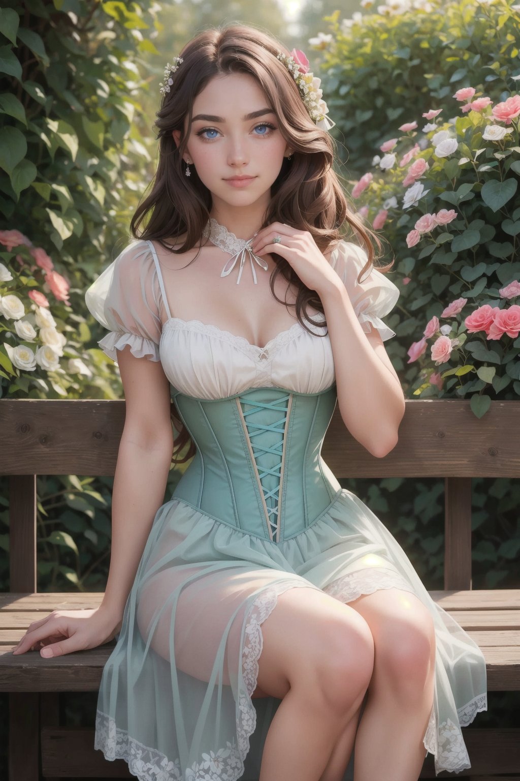 RAW, analog, Nikon Z 85mm, award winning glamour photograph,((best quality)), ((masterpiece)), ((realistic)), 18th century, vintage image, gorgeous woman wearing, lace dress and corset, 20 year old, (long brown hair), turquoise eyes, medium breasts, sitting outdoor at a cafe, innocent, flower petals in the air, (freckles:0.6), intricate details, highly detailed, sharp focus, professional, 8K, 4K, spring flowers blooming, god rays, hand model, petite, delicate, innocent face, highres, detailed facial features, high detail, smooth, aesthetic, extremely detailed, photorealistic, realistic, post-processing, max detail, roughness, real life, ultra realistic, photography, russian face, slightly smile
