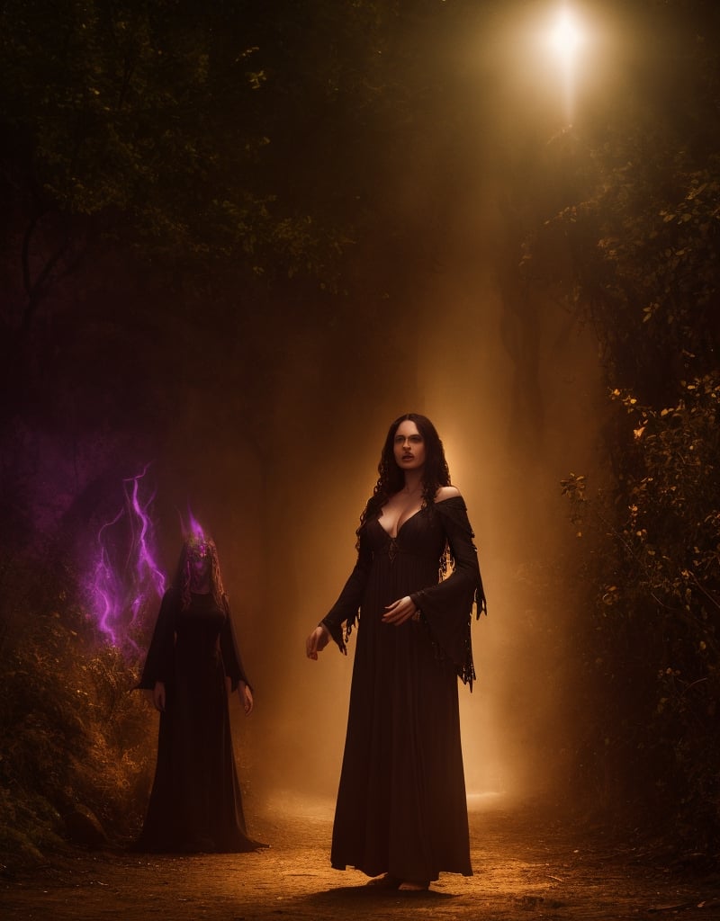 A Dark female witch,  middle age wear dress, half naked, Coven, ritual, chiaroscuro lighting, Psychedelic colors palette. High detailed ,methurlant