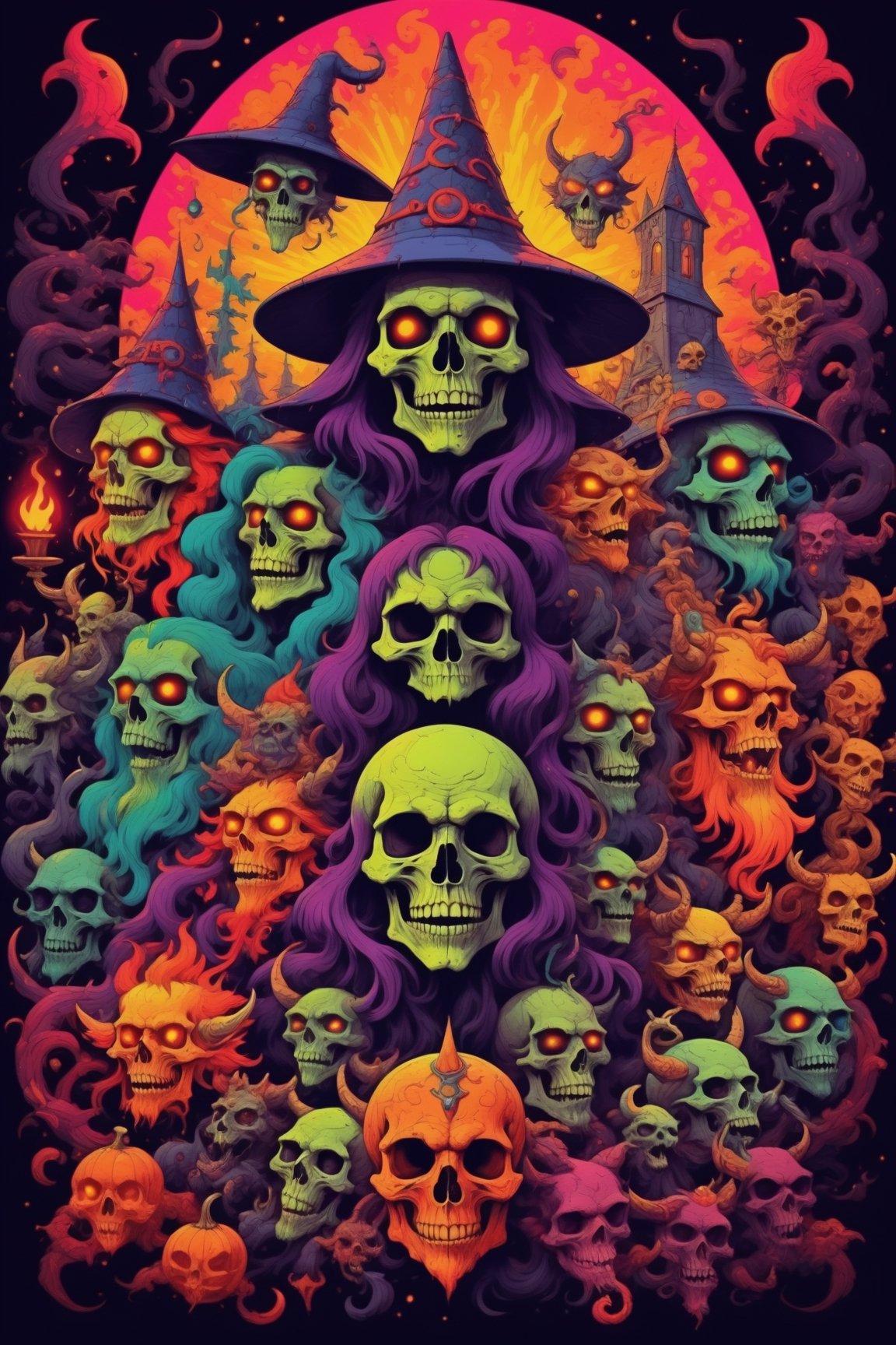 Psychedelic rock design, Witches, skulls, Demons, Medieval age, evil spirits,high contrast color palette. ,Leonardo Style