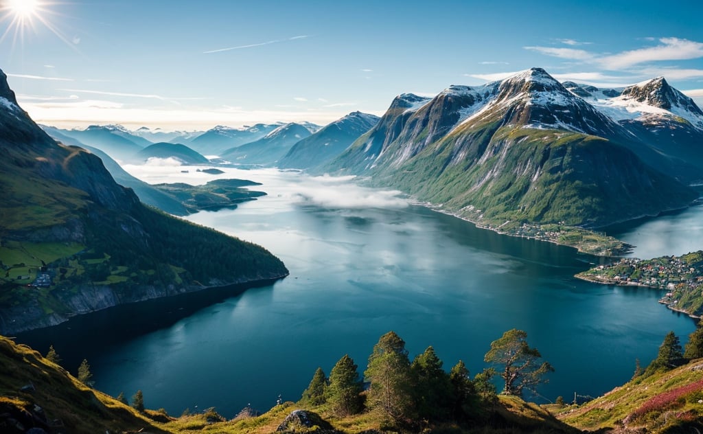 epic unbeatable masterpiece, dslr professional photography award winner , between the impressive norway mountains, fully of mist and heavy foliage forest, can see the far away old vapor machine of large ancient train, hanoi, that is going down the tracks near the water, norway fjord, incredible norway landscape of a Norwegian fjord, where the deep blue water meets the green and steep mountains. The sky is cloudy, but the sun filters through the clouds, creating a dramatic effect of light and shadow. In the foreground, you can see a small waterfall that falls on some rocks. The image is taken from a high point, which allows you to appreciate the beauty and majesty of the fjord. , ultradetailed, vivid sharpness, epic depth field, we are over the norway mountains, its an amazing beautiful autum misty norwegian landscape, impressive, intimidate nordic landscape, impressive sharpness, ,uted colors, extremely accurate and detailed intricate photography, norway misteria fjords in background, vivid shadows, sombre day, atmospheric view, like the lord of the rings , majestic nature scenery,realistic masterpiece photography, drone view ,reverse upright straddle