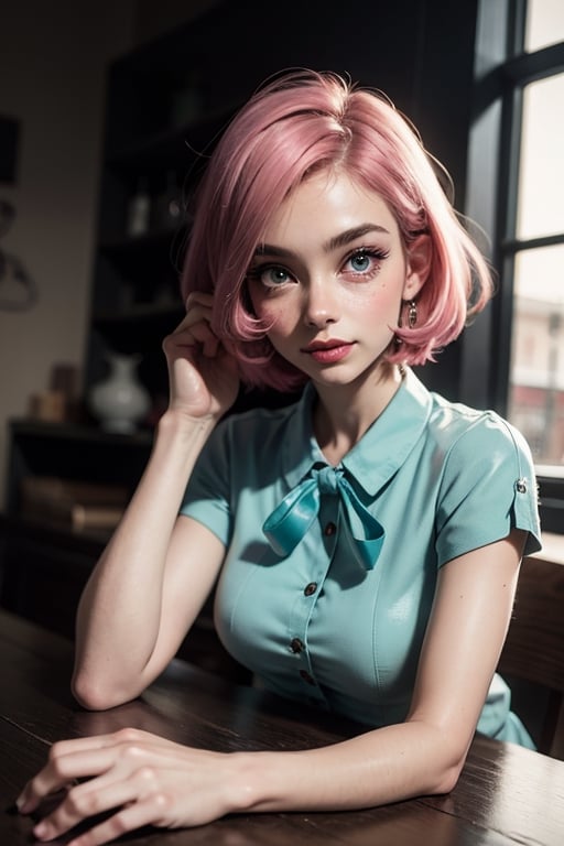 A photo of a pretty young, nerdy woman sitting in a cafe, wearing a white shirt and a bow, surrounded by a cozy lofi atmosphere, looking at the viewer.
Pink short hair, stunning glow lite blue eyes, incredible thin red lips,  traditional cloth.nomobil