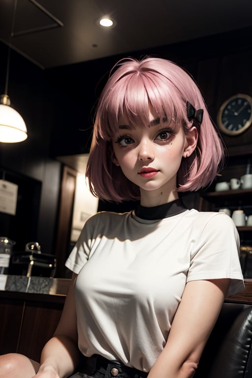 A photo of a pretty young, nerdy woman sitting in a cafe, wearing a white shirt and a bow, surrounded by a cozy lofi atmosphere, looking at the viewer.
Pink short hair, stunning glow lite blue eyes, incredible thin red lips,  traditional cloth, ,girl,hair over eyes