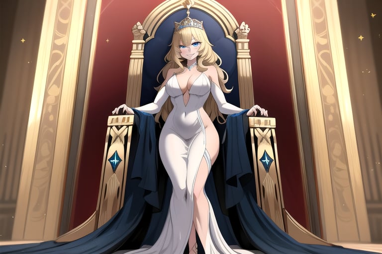 A regal beauty with blond_hair  Her piercing blue_eyes sparkle like sapphires beneath the soft, warm lighting of a lavish throne room. The princess stands tall, her slender figure draped in flowing white gowns that billow behind her like clouds. Her long hair is styled in loose waves, framing her porcelain skin and accentuating her royal features. smug smile