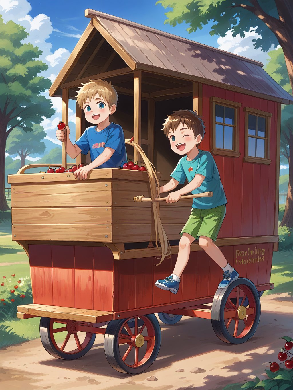 Young boy, (1 Kid) pulling wagon, full of GAINT Red Cherries. Young boy, (happy go lucky) having fun big smile on his face pulling the wagon. The wagon is full of red cherries the size of bowling balls. Oil painting, trending on artstation, featured on deviantart