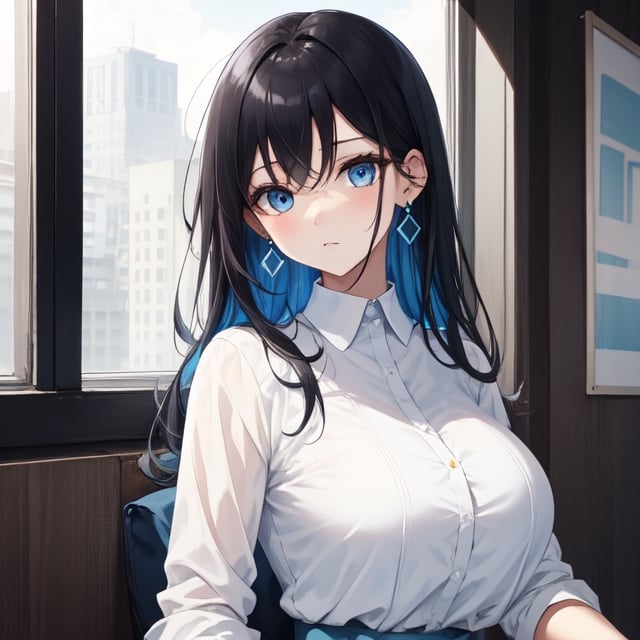 [big_breasts, black_hair, blue_eyes, Blue_inside_hair],
white_blouse, blue drop earrings,