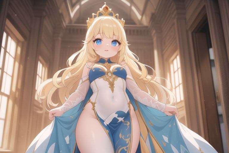 A majestic princess stands tall in a medieval streetroom, bathed in warm, soft lighting that accentuates her porcelain complexion and striking features. Her long blond hair flows down like golden waves, framing her regal face and piercing blue eyes that seem to sparkle with mischief. She wears a flowing white gown that swirls, emphasizing the curves of her figure and delicate facial features as she poses imperiously against a slum's backdrop, adorned by a crown that crowns her beauty.