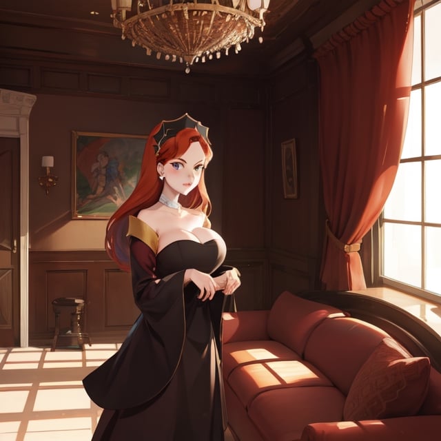 red_hair, green_eyes, Hilda_aiwaifu, CARTOON_jessica_rabbit_aiwaifu, big_breast, ,Hilda_aiwaifu,  luxury, big_room, luxurious furniture,CARTOON_jessica_rabbit_aiwaifu