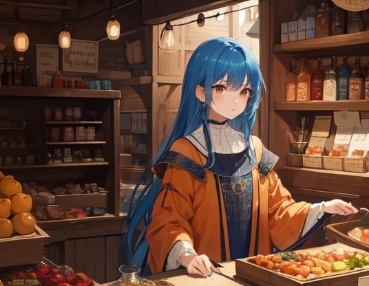 brown_eyes,electric_blue_hair, medieval clothes, orange clothes, 1_girl, merchant, long hair,
