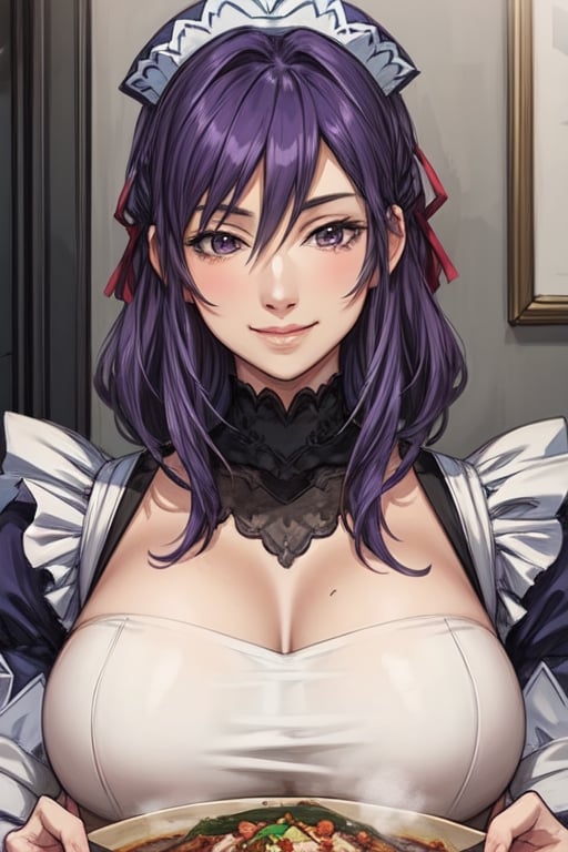 purple hair,masterpiece, best,NonoharaMikako, gigantic_breast, maid, milf, mature woman,  soft expression, smile, small nose, eating, food