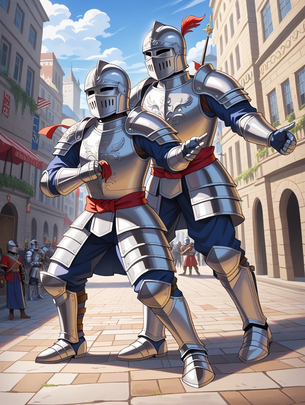 uhd, 8k, high quality, digital illustration, b;izzard art style, a man wearing white knight armor, with a silver helmet, holding bolter, fighting in a city, full body, primaris helmet ,Knight armor