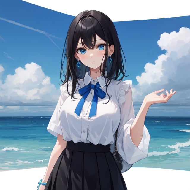 [big_breasts, black_hair, blue_eyes, blue_inside_hair]

white_blouse, blue drop earrings, black_skirt,