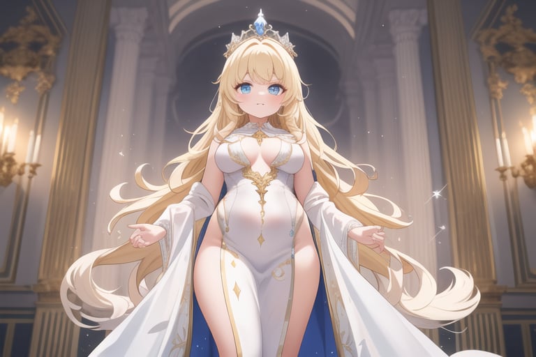 A majestic princess stands tall in a grand throne room, bathed in warm, soft lighting that accentuates her porcelain complexion and striking features. Her long blond hair flows down like golden waves, framing her regal face and piercing blue eyes that seem to sparkle with mischief. She wears a flowing white gown that swirls, emphasizing the curves of her figure and delicate facial features as she poses imperiously against an ornate backdrop, adorned by a crown that crowns her beauty.