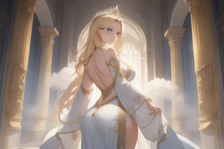 In a sumptuous throne room setting, a resplendent queen stands tall, her porcelain complexion illuminated by warm, soft lighting that highlights her stunning features. Her long blond locks cascade down her back like a river of gold, framing her regal visage and piercing blue eyes that seem to sparkle with mischief. A flowing white gown swirls behind her like misty clouds, emphasizing the majesty of her curvaceous form and delicate facial features as she poses imperiously against the ornate backdrop, adorned by a crown that crowns her beauty.