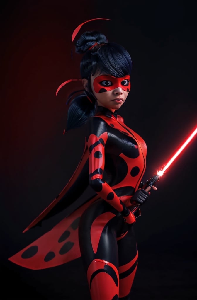 ultra wide angle, in focus, dark epic background, gorgeous lifelike, dynamic pose, ladybug mask, ladybug costume, two ponytails, red lightsaber, medium shot, hyper details, lighting art, cinematic, insane details, intricate details, hyperdetailed, goth, fractal, dark shot