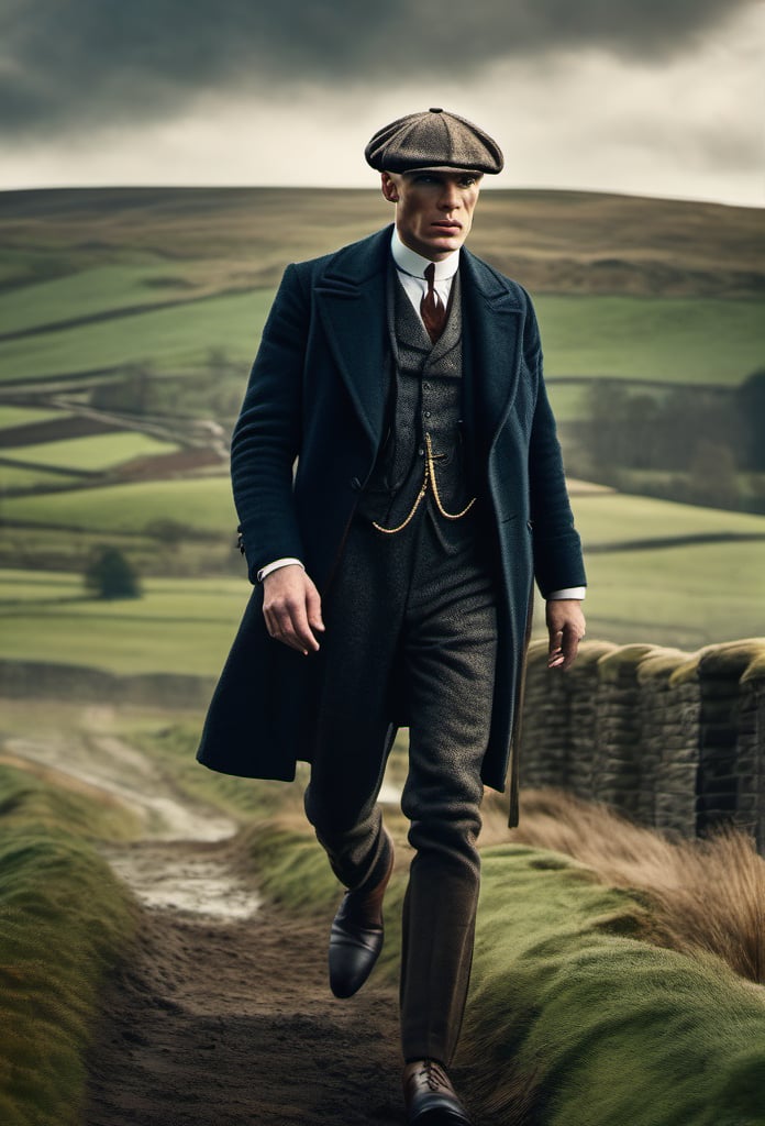 color photo of Thomas Shelby, the charismatic and ruthless leader of the Peaky Blinders 