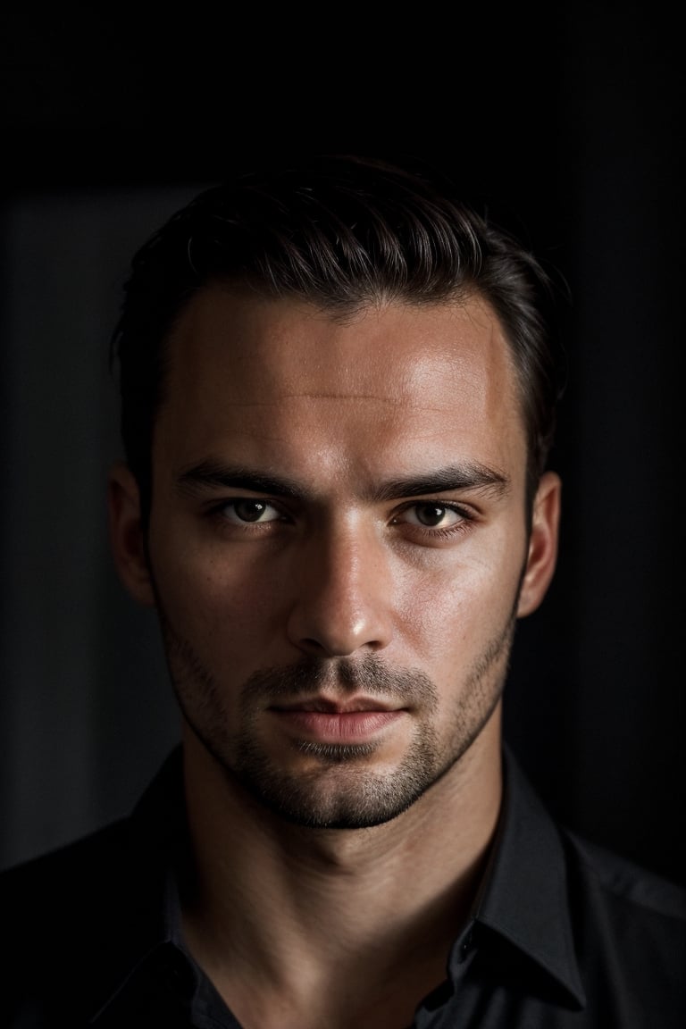 high quality, face portrait photo of 30 y.o european man, wearing black shirt, serious face, detailed face, skin pores, cinematic shot, dramatic lighting,SD 1.5