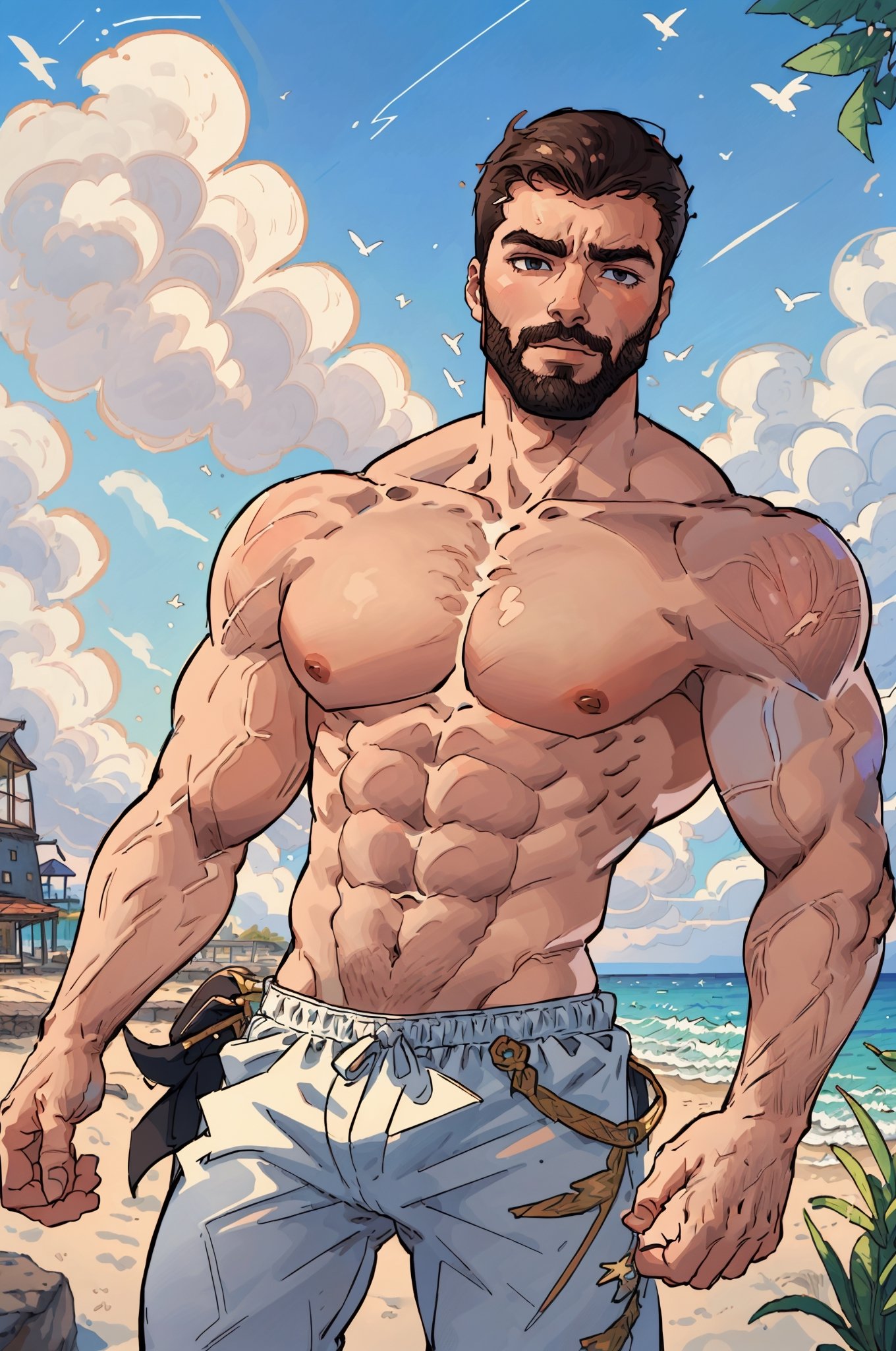 Highly detailed, High Quality, Masterpiece, beautiful, DrakePostingMeme, , 1boy, upper body, gigachad, in the beach,LightningPunkAI anime zoomed ,gigachad,paper_cut,xjrex colorful ultra realistic ,pixel_art,xjrex , muscular body
