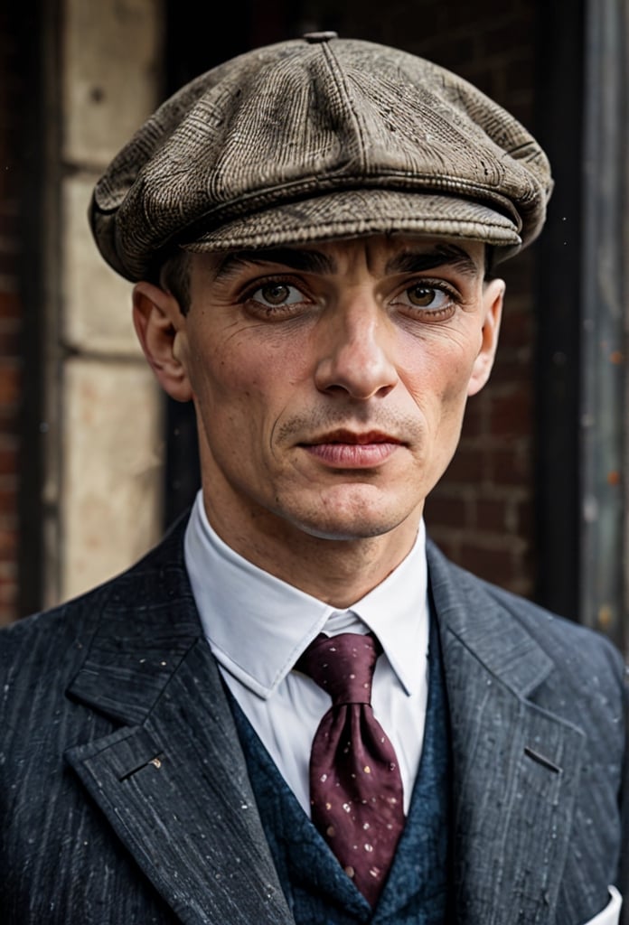 color photo of Thomas Shelby, the charismatic and ruthless leader of the Peaky Blinders 