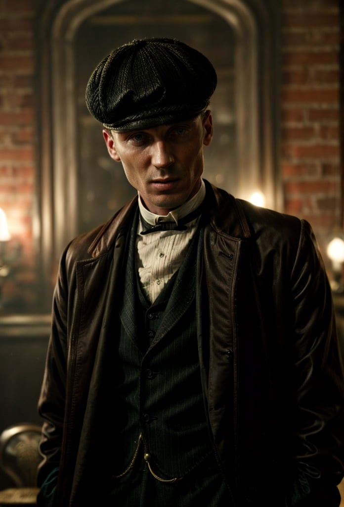 color photo of Thomas Shelby, the charismatic and ruthless leader of the Peaky Blinders 