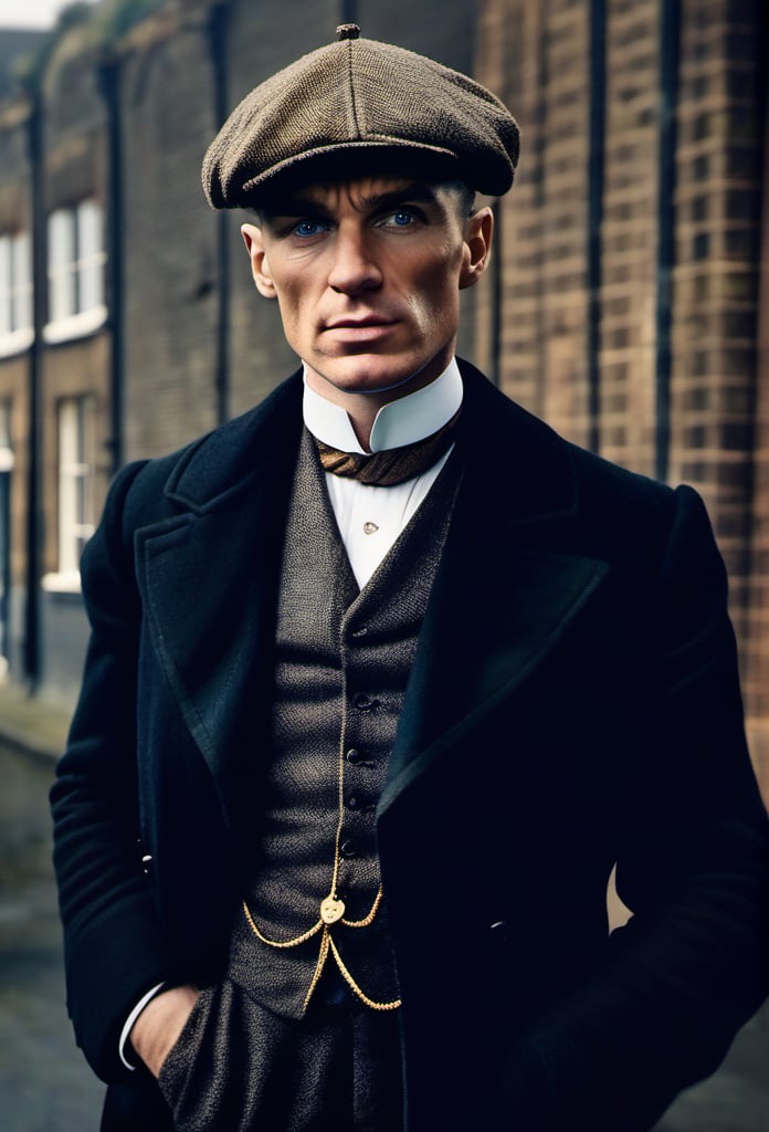 color photo of Thomas Shelby, the charismatic and ruthless leader of the Peaky Blinders 