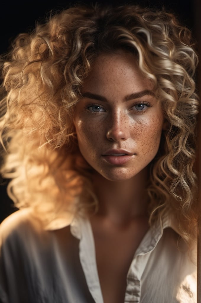 full body shot of a beautiful woman with curls and lots of freckles, (dirty blonde hair), (face portrait:1.5), dramatic light , Rembrandt lighting scheme, (hyperrealism:1.2), (photorealistic:1.2), shot with Canon EOS 5D Mark IV,Medium long shot,Front view
