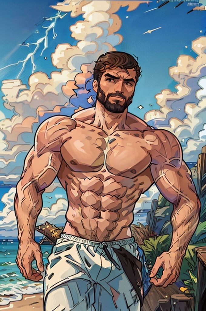 Highly detailed, High Quality, Masterpiece, beautiful, DrakePostingMeme, , 1boy, upper body, gigachad, in the beach,LightningPunkAI anime zoomed ,gigachad,paper_cut,xjrex colorful ultra realistic ,pixel_art,xjrex , muscular body
