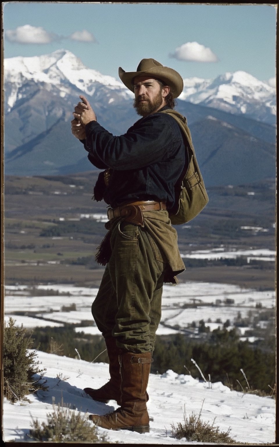 hyper-detailed,  photorealistic,  ultra photoreal,  cinematic shading
Portrait of a cowboy near a grassy field with snow capped mountains on the background,
Accurate anatomy.
Make the design photographic and with ultra realistic details., realistic, photorealistic, character, cinematic moviemaker style,photorealistic,FilmGirl,realistic,renaissance,3va,oil painting,SD 1.5