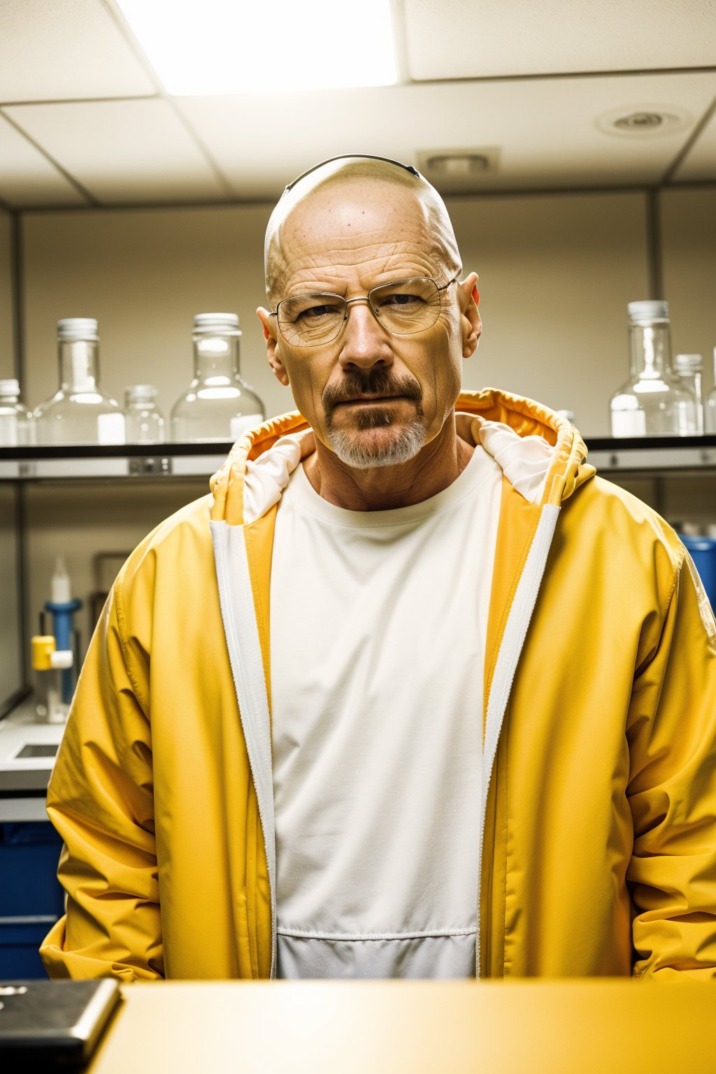 50 yo man, walter white, breaking bad, in a yellow lab suit, in his chemistry lab, cinematic,ultrarealistic,soft lighting