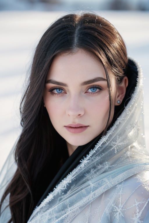 A female figure with deep, sorrowful eyes that glow faintly in icy blue. Her pale skin is smooth, but cracks of frost have begun to form along her cheeks and forehead, hinting at a frozen, deathly power beneath. Her dark hair is tied back tightly, with stray strands frozen in place. She wears a sleek, high-collared robe made of black and silver, with intricate patterns resembling frost creeping along its surface. Around her head, sharp, crystalline structures form a jagged halo, their translucent blue surfaces catching the light in sharp, cold reflections. The background is a void of cold blues and whites, resembling a frozen wasteland..Avatarwar