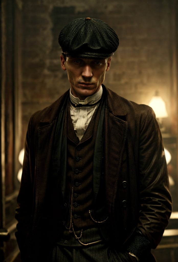 color photo of Thomas Shelby, the charismatic and ruthless leader of the Peaky Blinders 