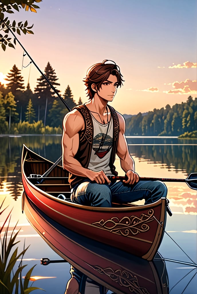  soft lighting, sketch, scenic background, wallpaper, wide view, outdoors, lake, reflections, sunset, male focus, ornate canoe, tanktop, jeans, (holding fishing pole:1.1), (fishing:1.1), muscular, sitting in canoe, shinjiro aragaki [persona], solo, focused calm expression, red eyes, toned, dark brown hair
