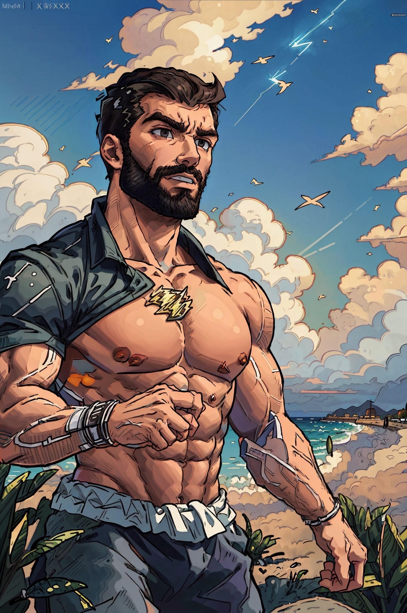 Highly detailed, High Quality, Masterpiece, beautiful, DrakePostingMeme, , 1boy, upper body, gigachad, in the beach,LightningPunkAI anime zoomed ,gigachad,paper_cut,xjrex colorful ultra realistic ,pixel_art,xjrex , muscular body
