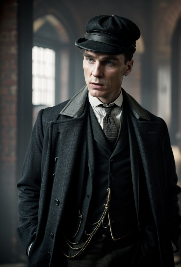 color photo of Thomas Shelby, the charismatic and ruthless leader of the Peaky Blinders 