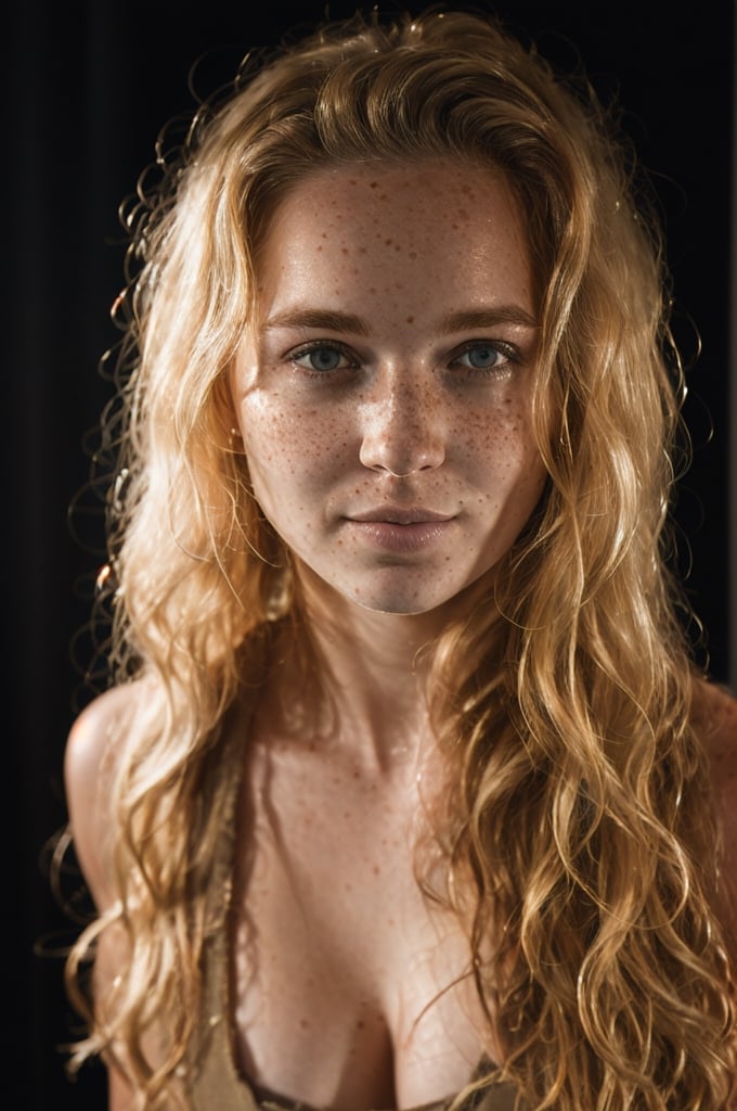 full body shot of a beautiful woman with curls and lots of freckles, (dirty blonde hair), (face portrait:1.5), dramatic light , Rembrandt lighting scheme, (hyperrealism:1.2), (photorealistic:1.2), shot with Canon EOS 5D Mark IV,Medium long shot,Front view
