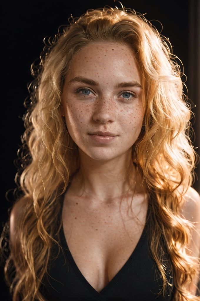 full body shot of a beautiful woman with curls and lots of freckles, (dirty blonde hair), (face portrait:1.5), dramatic light , Rembrandt lighting scheme, (hyperrealism:1.2), (photorealistic:1.2), shot with Canon EOS 5D Mark IV,Medium long shot,Front view
