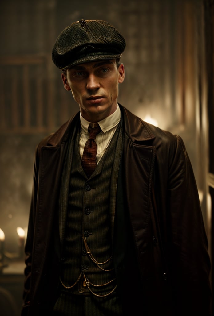 color photo of Thomas Shelby, the charismatic and ruthless leader of the Peaky Blinders 