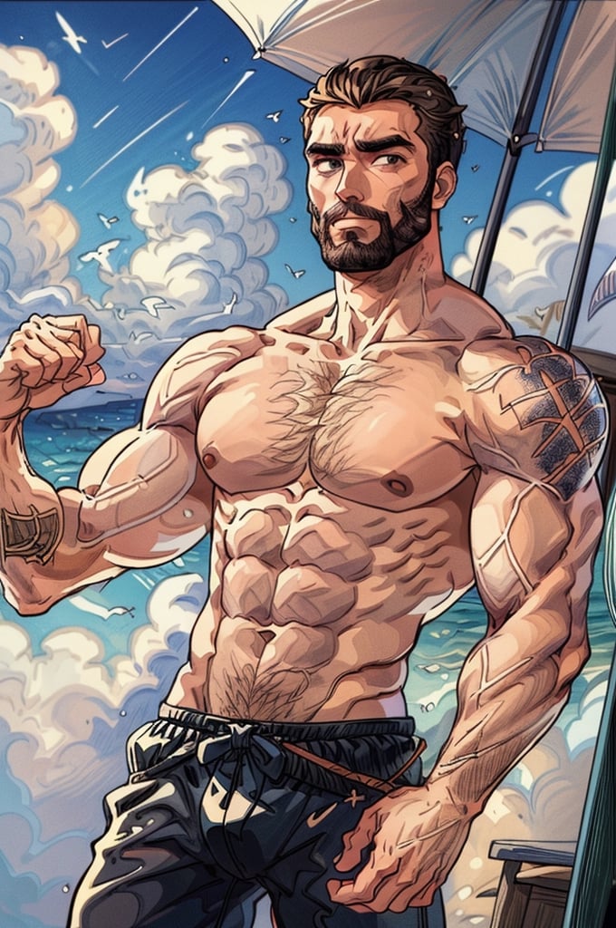 Highly detailed, High Quality, Masterpiece, beautiful, DrakePostingMeme, , 1boy, upper body, gigachad, in the beach,LightningPunkAI anime zoomed ,gigachad,paper_cut,xjrex colorful ultra realistic ,pixel_art,xjrex , muscular body
